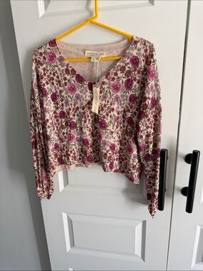 Anthro saltwater LUXE Rose-Print V-Neck Knit Top in Pink and Green‎ small